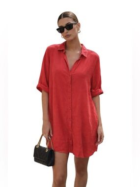 Mododoc Oversized Linen Shirt Dress Red XS Coastal Casual Boho Summer‎